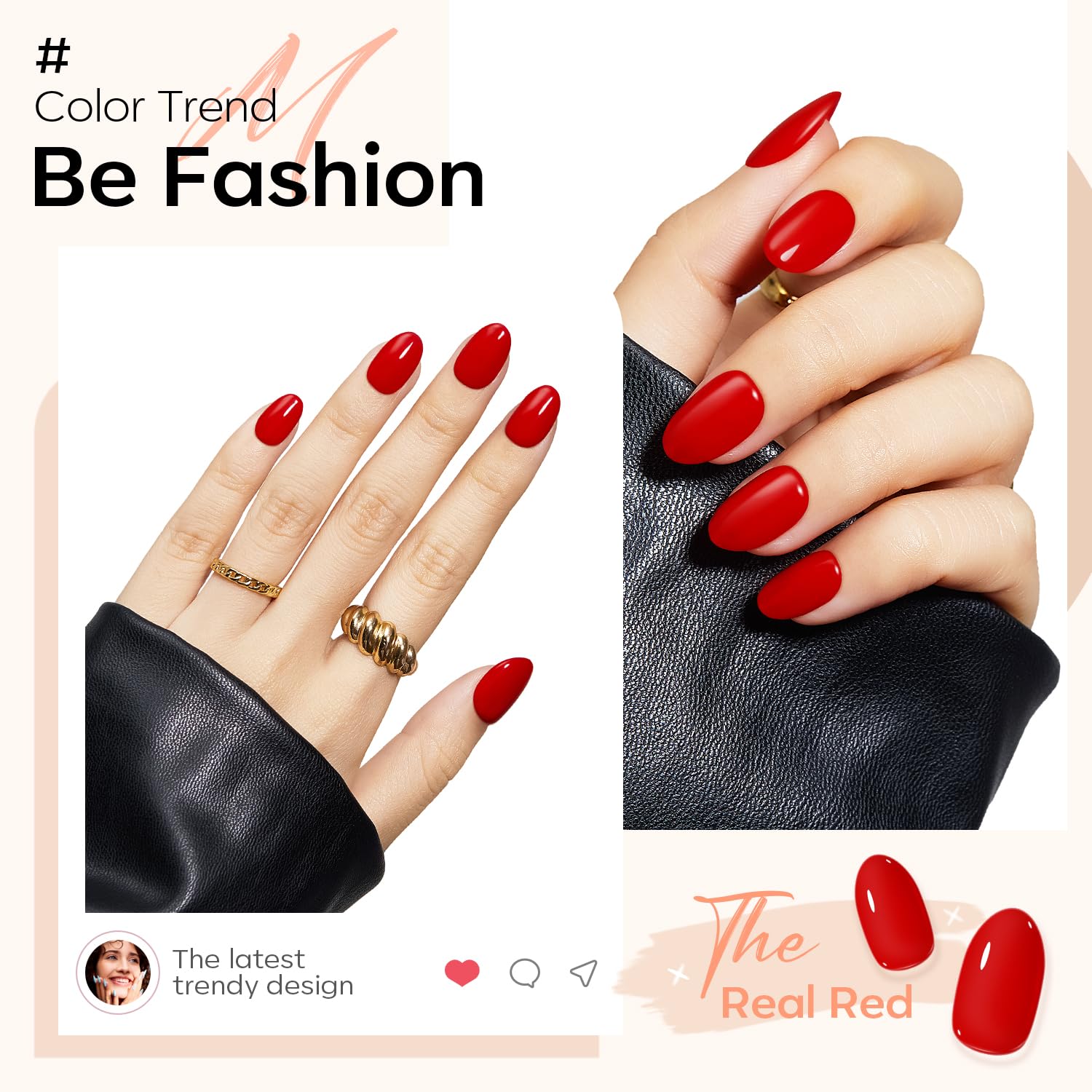 Detalle 2 de modelones Red Short Oval Press-On Nails, 32 Pieces in 16 Sizes