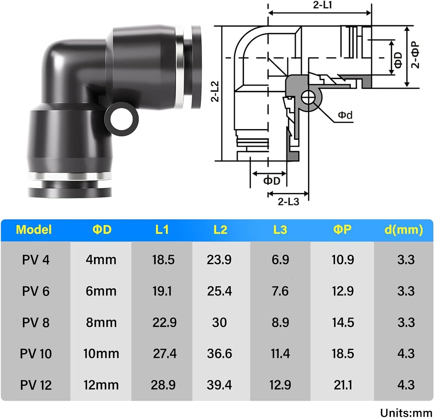 Detalle de TAILONZ PNEUMATIC Black Elbow 6mm Tube OD Push to Connect Fittings (Pack of 10)