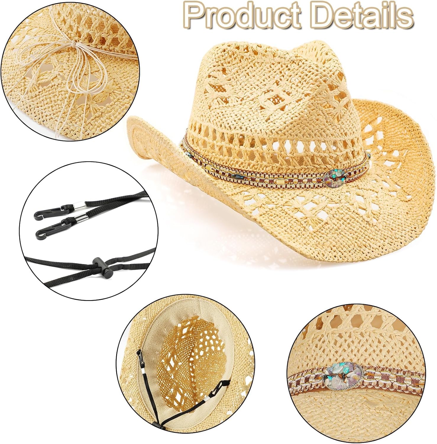 Detalle de WQWOVRVO Straw Cowboy Hat, Natural Straw