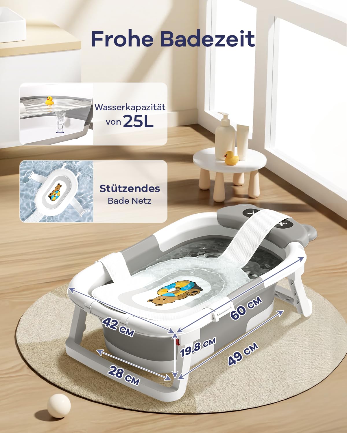 Thumbnail 5 de COOSEYA Baby-Badewanne mit Gestell für 0–18 Monate (faltbar, Drainage-Ventil, Bär-Design)