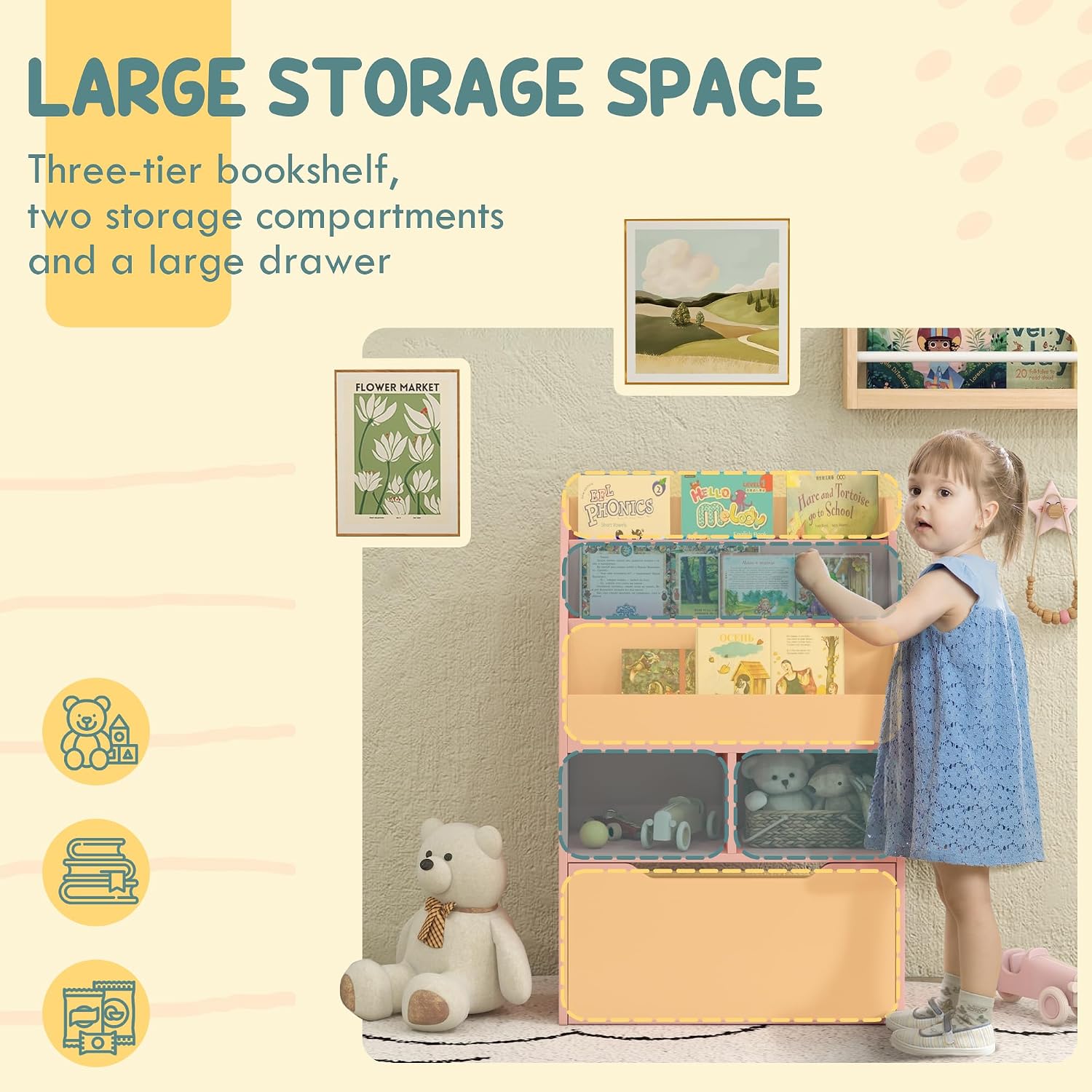 Thumbnail 3 de HOMCOM 311-048V80PK Kids Bookcase, Pink, 3 Shelves and Wheeled Drawer