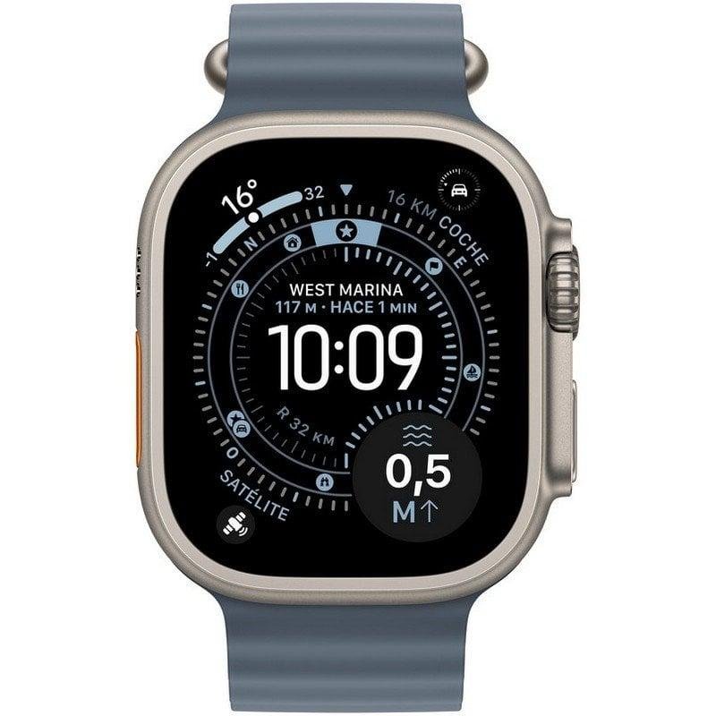 Detalle de Apple Watch Ultra 3 GPS + Cellular 49mm: Titanio natural y correa Ocean Azul Náutico