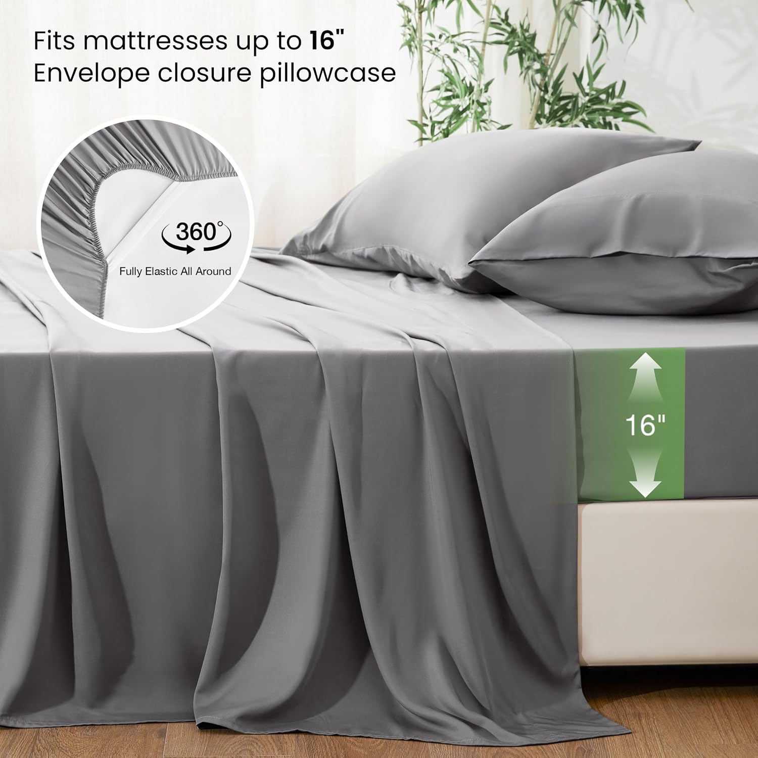Thumbnail 3 de Love's cabin 4 Piece Queen Sheet Set - 100% Rayon Derived from Bamboo, Cooling & Breathable, Deep Pocket Up to 16", Grey