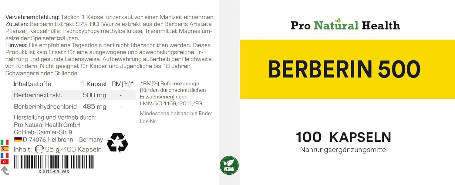 Thumbnail 1 de Berberin 500 mg (100 Kapseln) – vegan, 97% Berberin HCl – Made in Germany