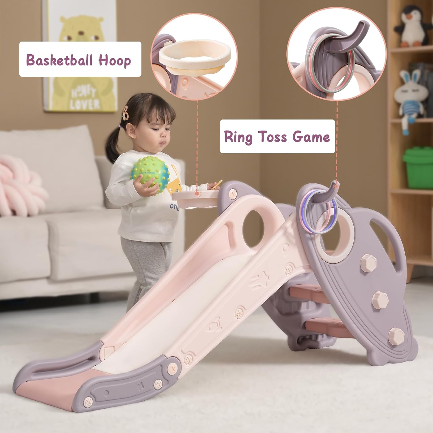Detalle de Onasti Kids Slide for Toddlers: Freestanding, Foldable Indoor/Outdoor Playset with Climber, Basketball Hoop & Ring Toss (Pink)