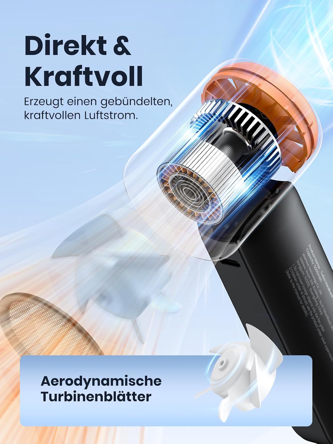 Detalle de Warmco Tragbarer Handventilator – kompakter Reiseventilator mit 5 Geschwindigkeiten, 5000 mAh
