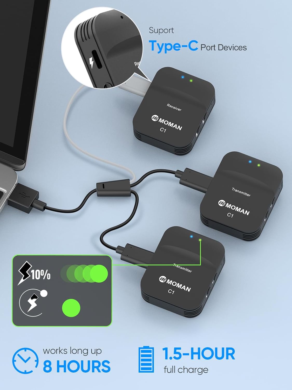 Thumbnail 3 de Moman C1X Wireless Lavalier Mikrofon-Set (2 Sender + 1 Empfänger) für Interviews, Live-Streaming & Vlogs