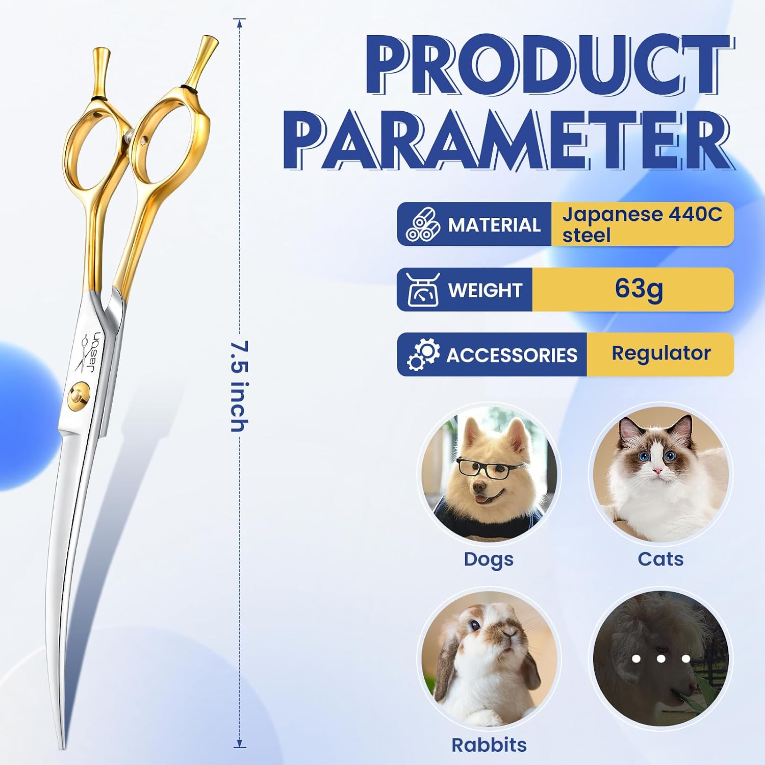 Detalle de Jason Forbici curve da 19,1 cm per toelettatura del cane – livello professionale, lama affilata e manico ergonomico