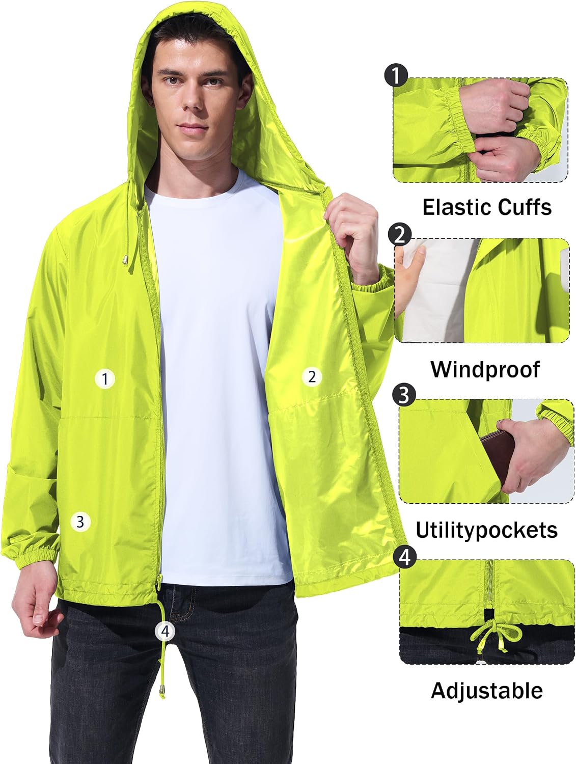 Detalle de UIQUR Men’s rain jacket raincoat windbreaker: waterproof, windproof and packable