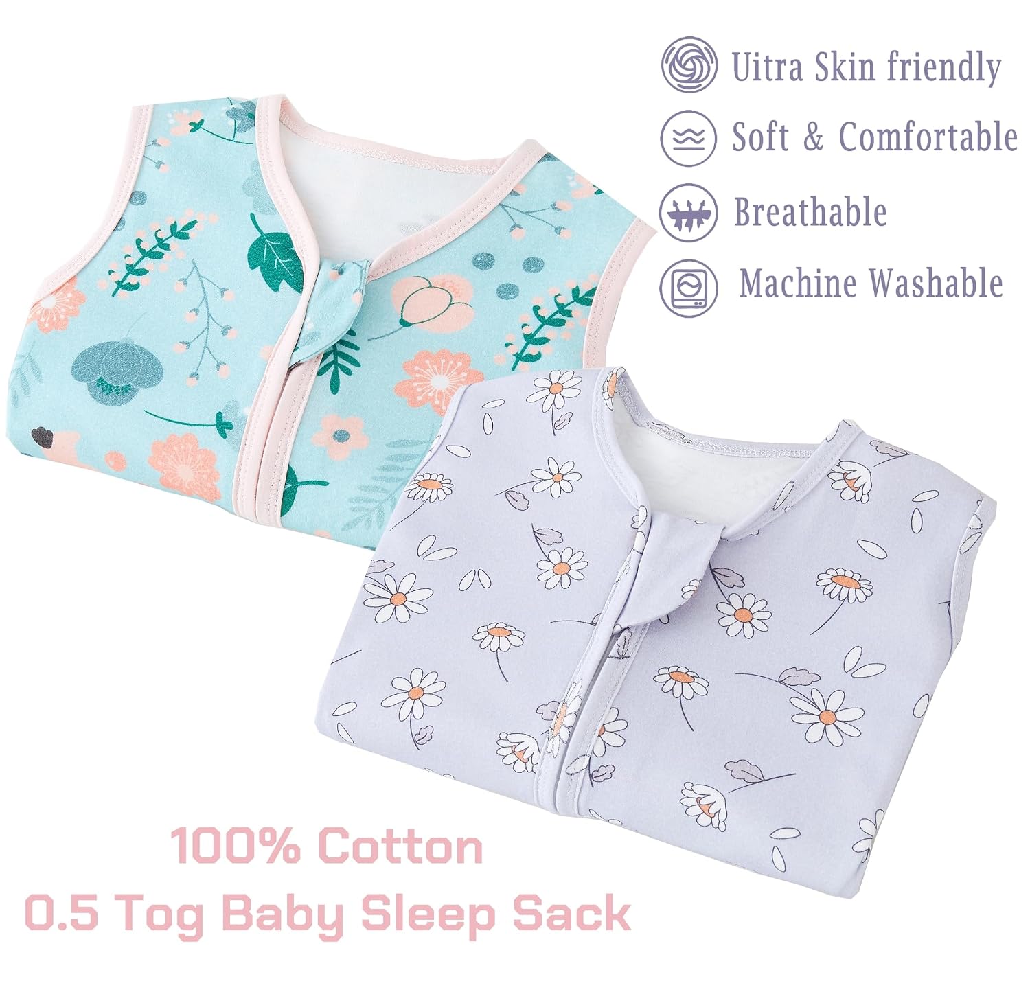 Detalle 2 de Chilsuessy Baby Schlafsack 1,5 TOG im 2er-Pack aus 100% Baumwolle (Ganzjahres-/Übergangssack) – 78 cm, 6–12 Monate