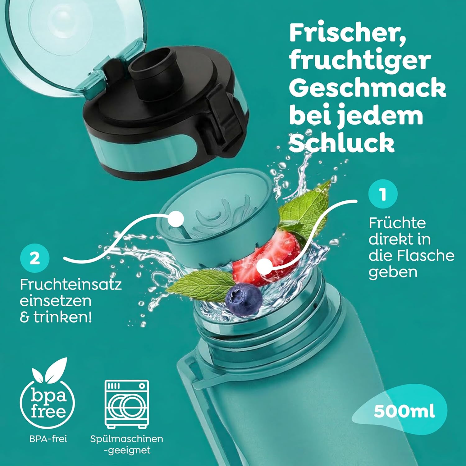 Thumbnail 2 de Sweety Fox Kinder-Trinkflasche mit Kohlensäure 500 ml (grün) – auslaufsicher, One-Click, spülmaschinenfest