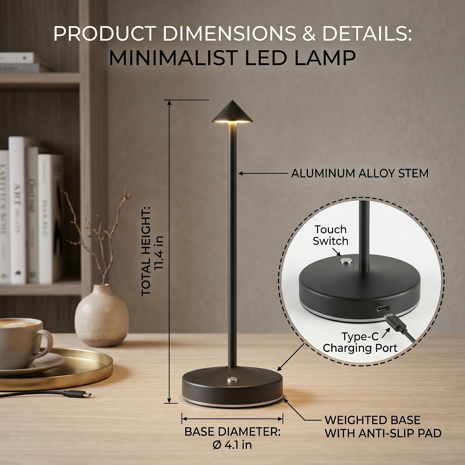 Detalle 1 de eypid Cordless Table Lamp, Black, Rechargeable LED with Touch Dimming