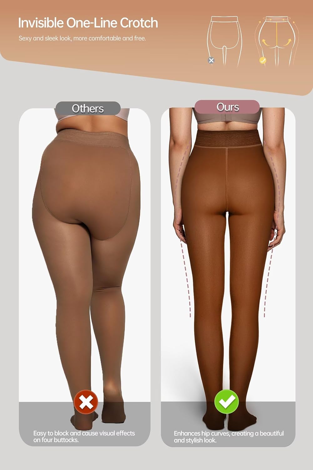 Detalle 2 de Vertvie Fleece-Lined Tights, Fake-Sheer Look, High Waist, One-Seam Crotch