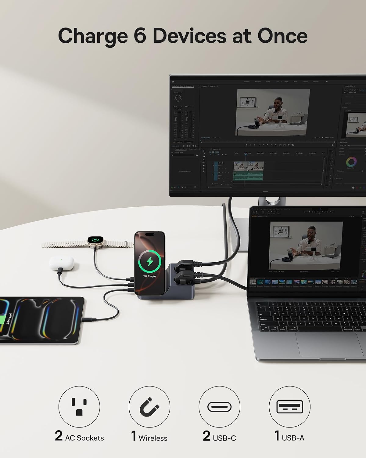 Thumbnail 1 de Baseus Nomos 67W stekkerdoos met Qi2, USB-C en verstelbare magnetische lader