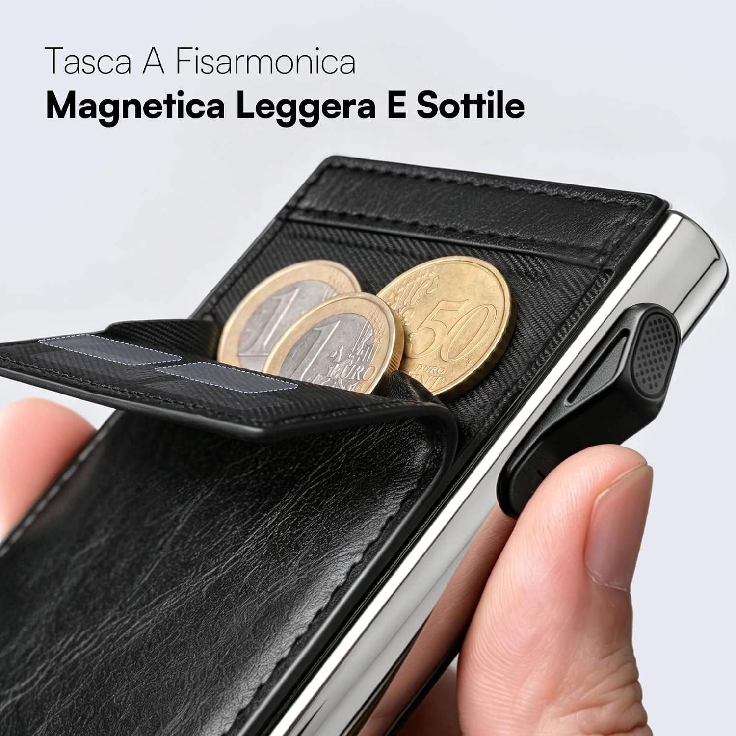 Thumbnail 2 de YESIIW Porta Carte Uomo Bauhaus – Ultra Slim Pop up, Alluminio con Pelle Vintage, RFID, Nero