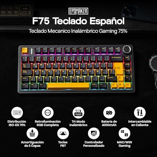 Thumbnail 1 de EPOMAKER Aula F75 ISO-ES inalámbrico 75% gaming mecánico con Hot-Swap y RGB (Negro Cool)