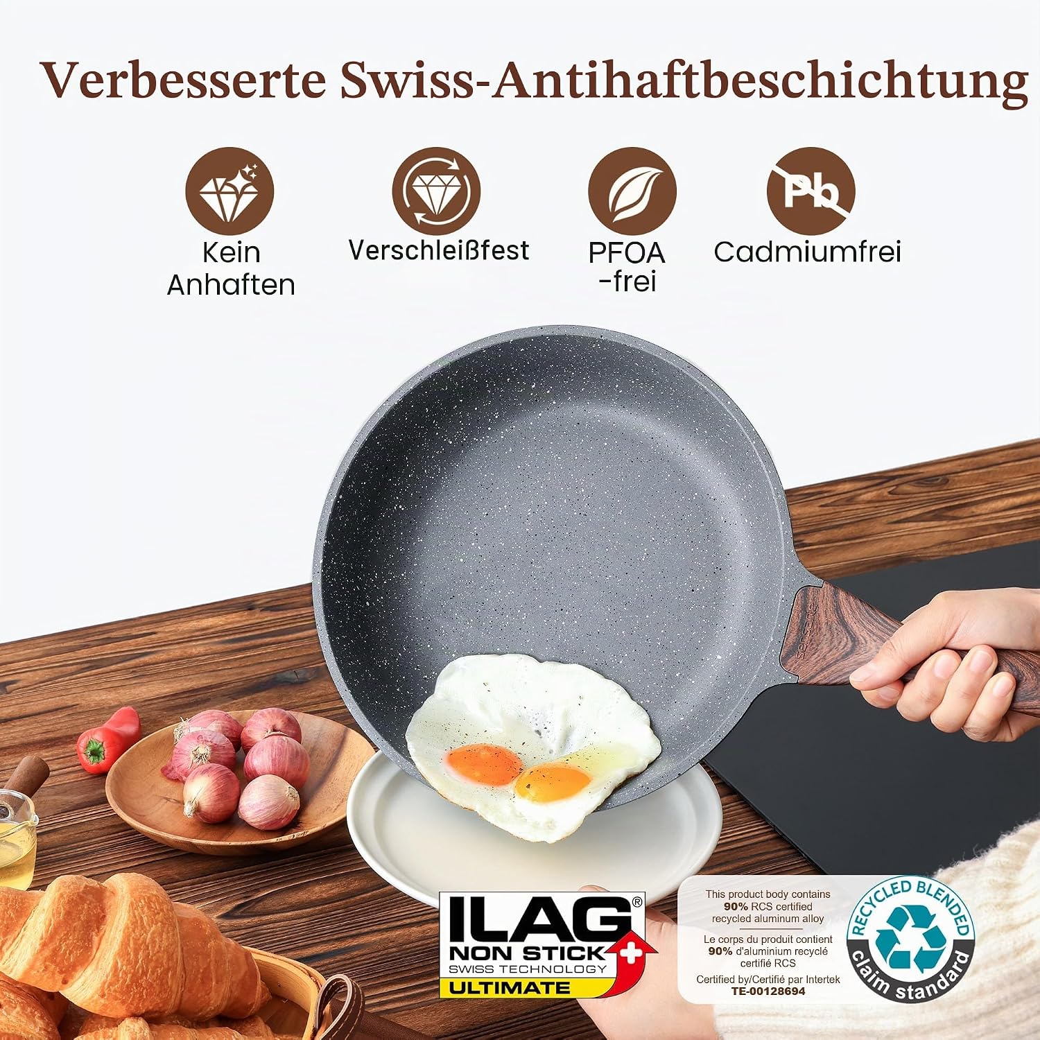 Detalle 2 de SENSARTE 28 cm Antihaft-Bratpfanne mit Schweizer ILAG-Beschichtung (Omelette-Pfanne, induktionsgeeignet)