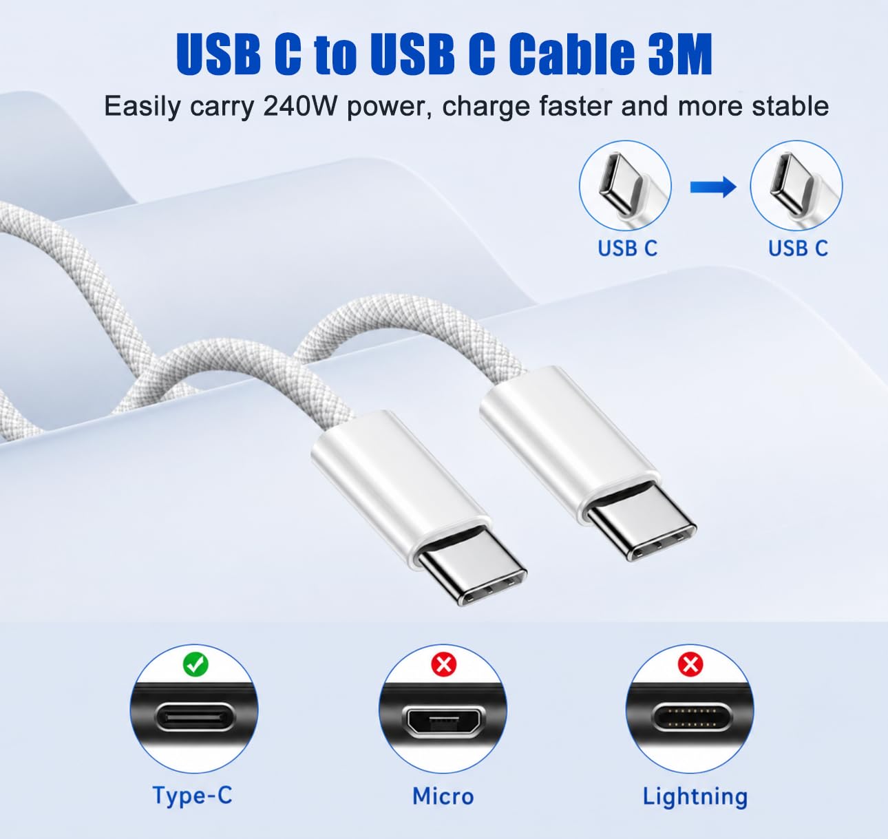 Detalle de KINPEE KIN-C2C-003 240W USB-C Cable, 3m Braided Nylon, White