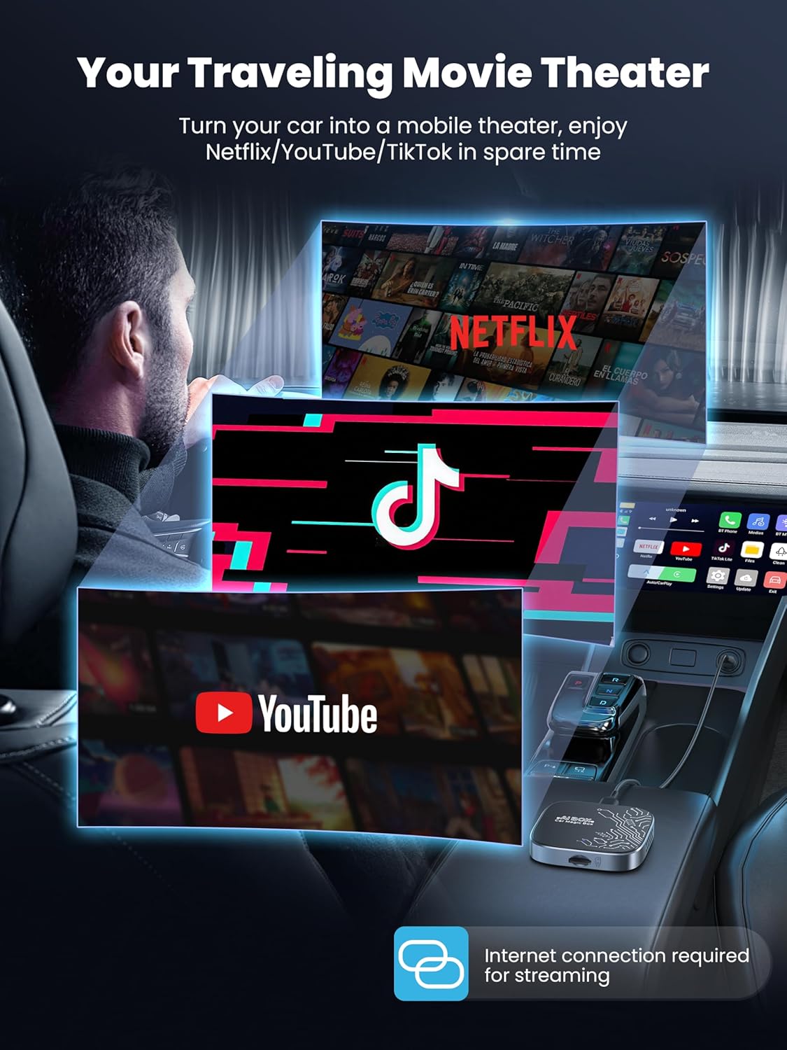 Thumbnail 2 de 4-in-1 Wireless CarPlay Adapter (Magic Video AI Box) for Netflix/YouTube/TikTok + TF Card — Dual Band Wi‑Fi, AutoLink Pro
