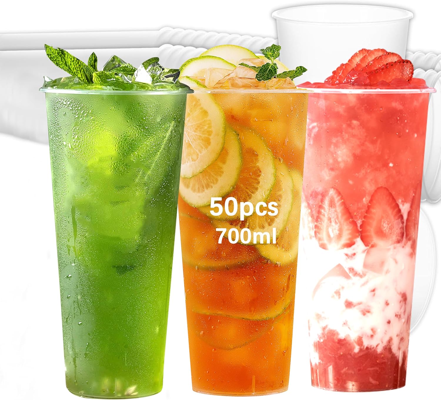 Xsdgi 50er Set Plastikbecher Mehrweg, matt weiß, Hartplastik Trinkbecher (ca. 500 ml / 17 OZ), spülmaschinenfest