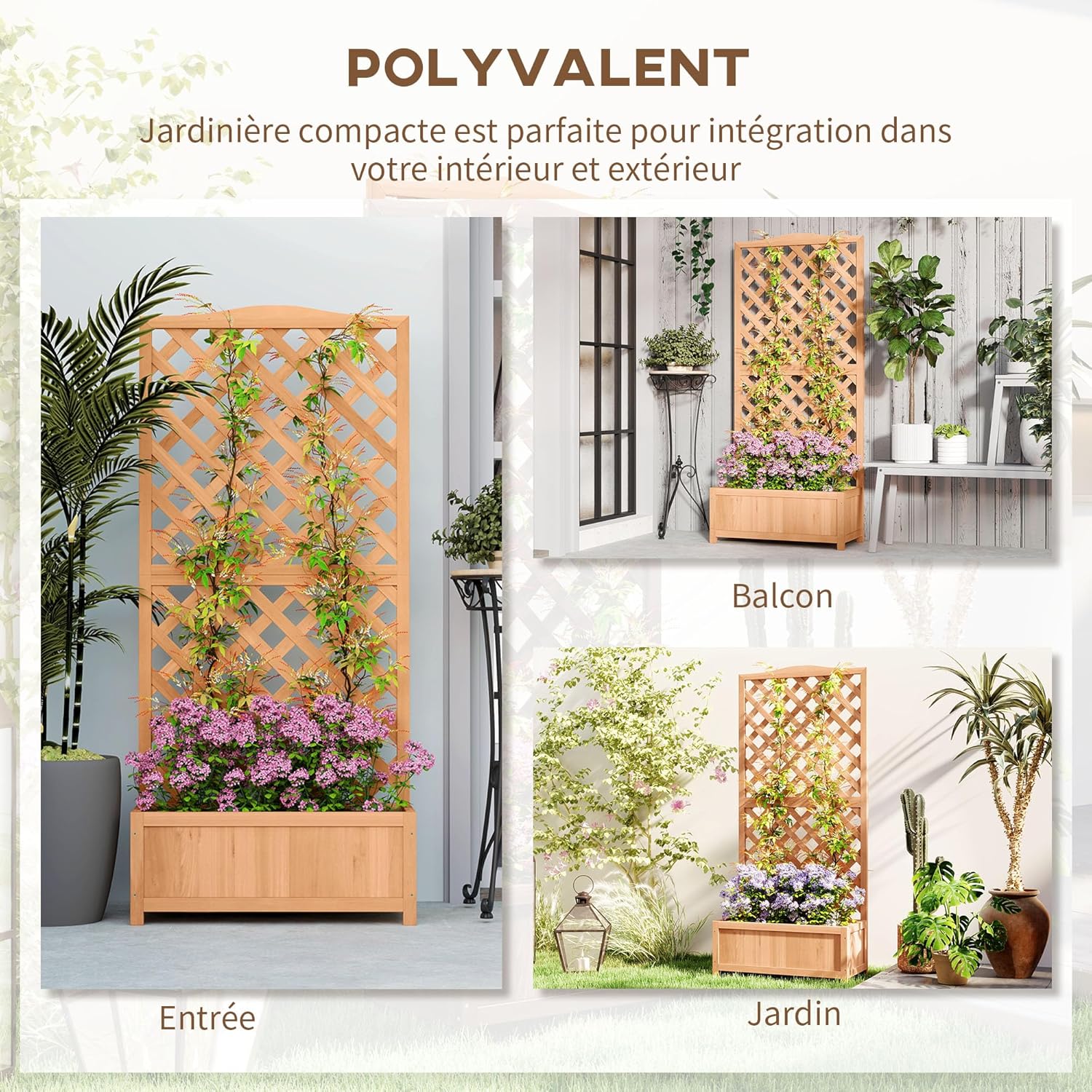 Detalle de Outsunny Jardinière sur pieds avec treillis en sapin pré-huilé – 76L x 36l x 170H cm, fond à lattes