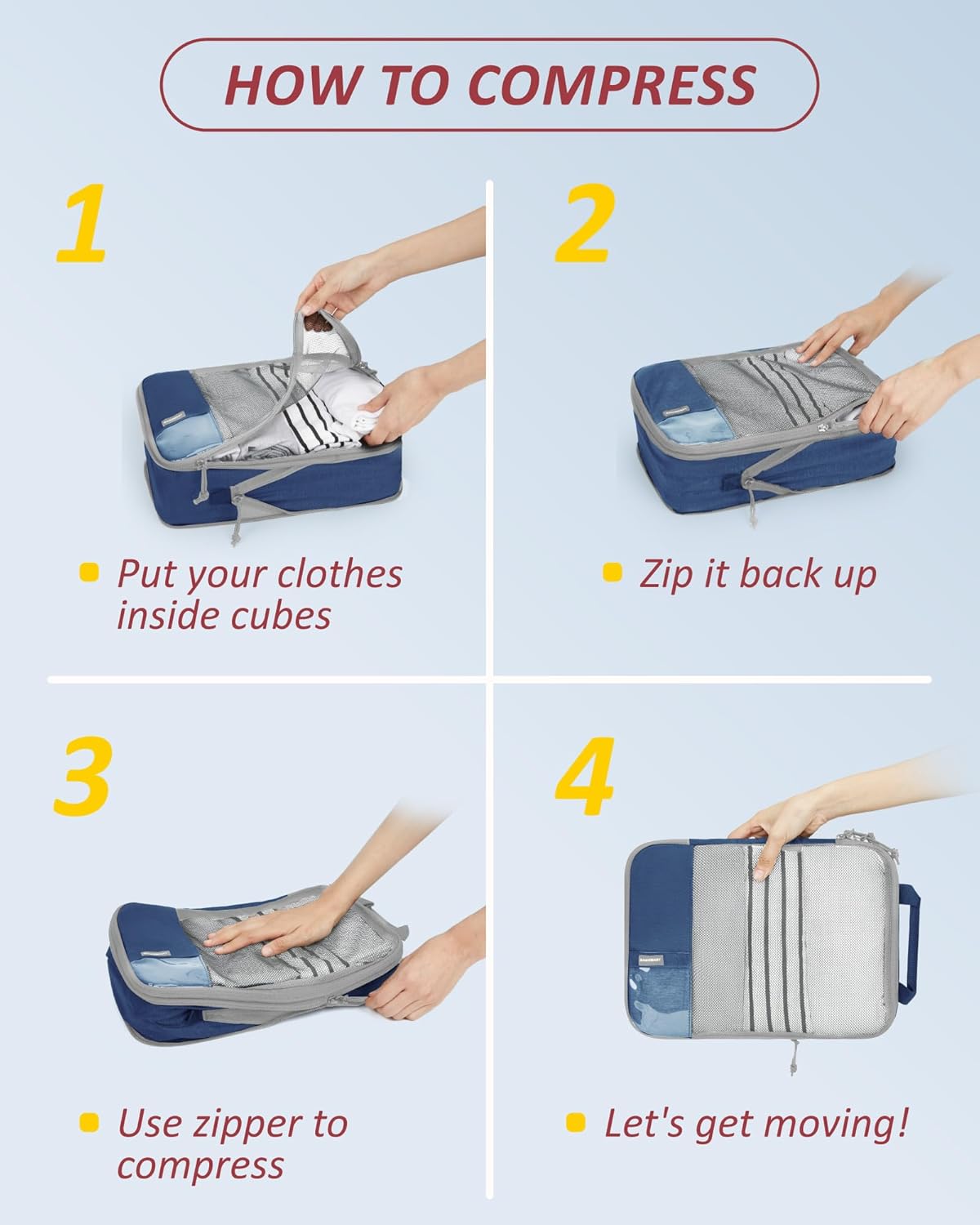 Detalle de BAGSMART 6‑Piece Compression Packing Cubes for Suitcases & Backpacks (Navy) – Practical travel organisers