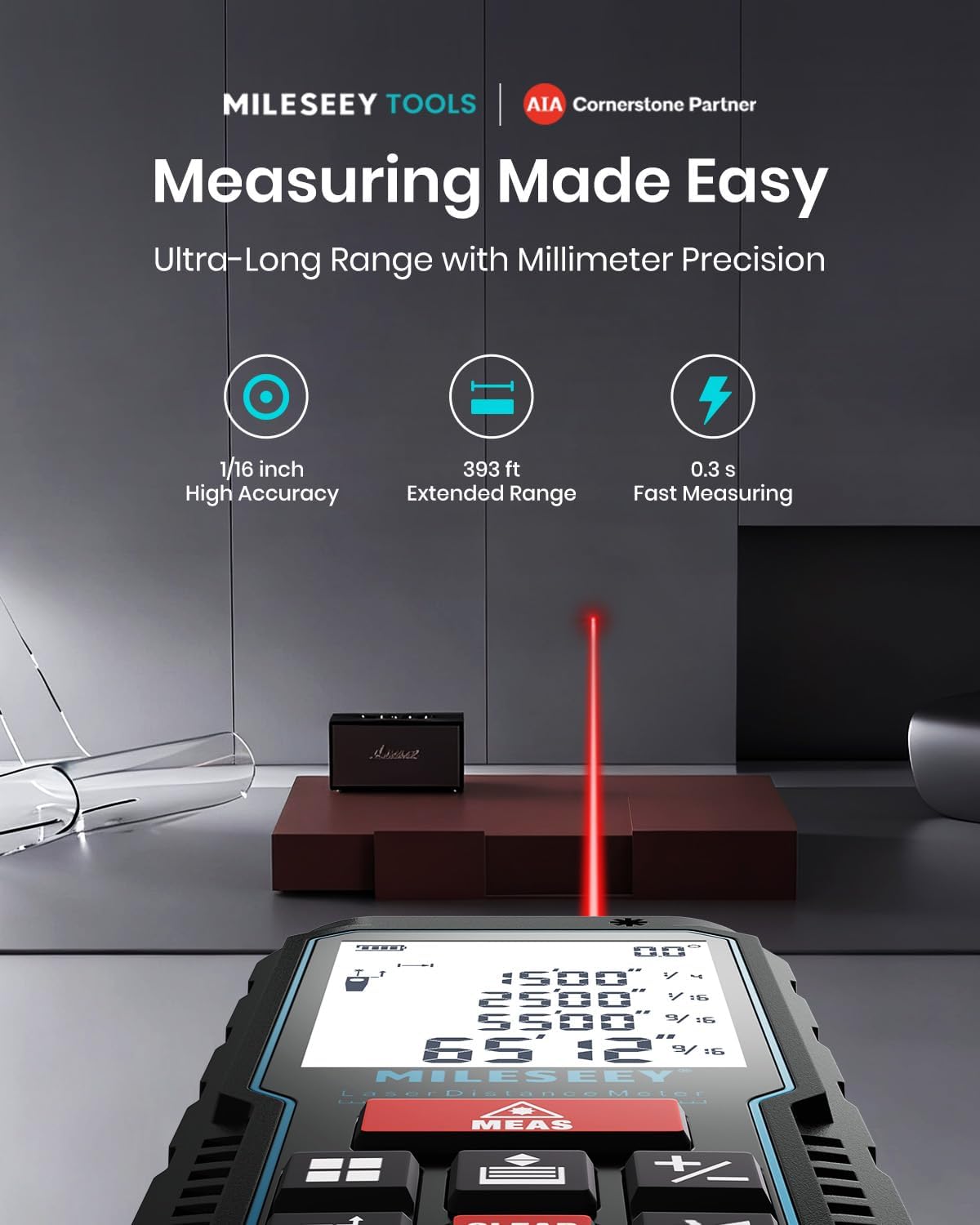 Detalle de MiLESEEY 120M Laser Measure Device – 229ft Digital Laser Tape with Angle Sensor