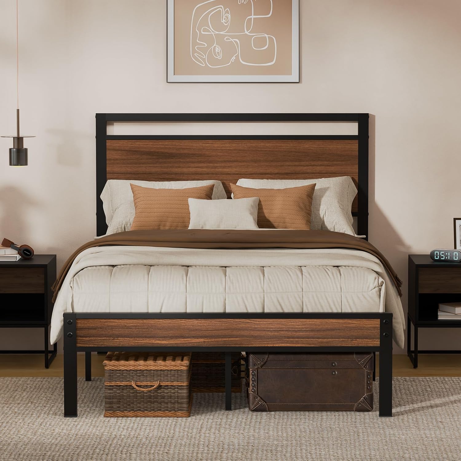 Detalle de Z-hom BOC4-022 Full Bed Frame, Walnut Metal with Wooden Headboard