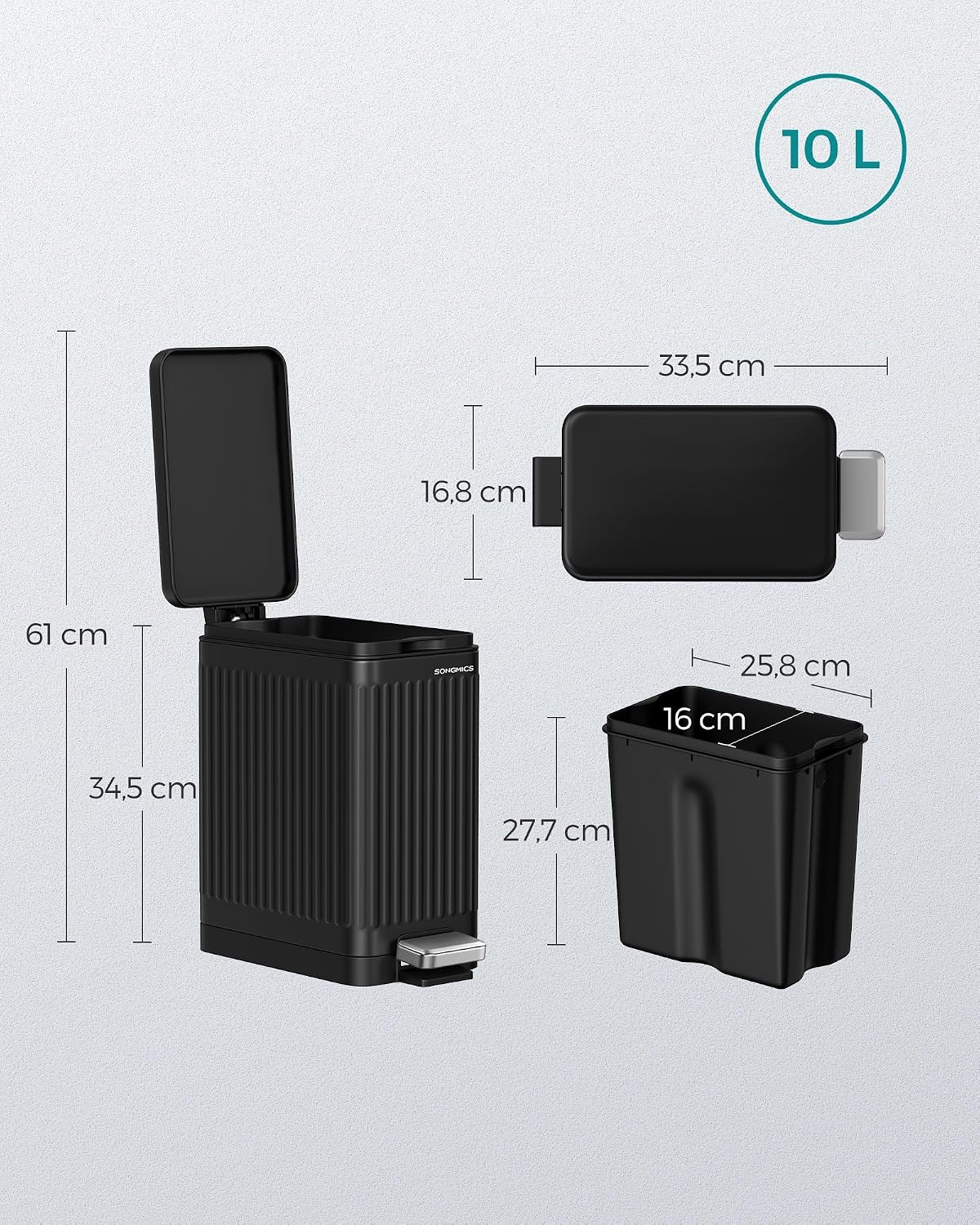 Detalle de SONGMICS Kosmetikeimer 10 Liter (LTB562B01) – schmaler Mülleimer fürs Bad mit Softclose und Pedal