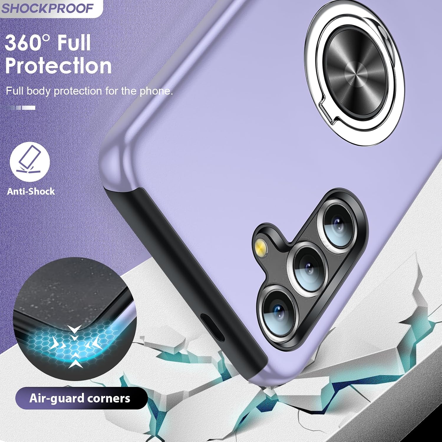 Detalle de LeYi Galaxy S25 Case with 2 Tempered Glass Protectors and Invisible Ring Holder – Purple