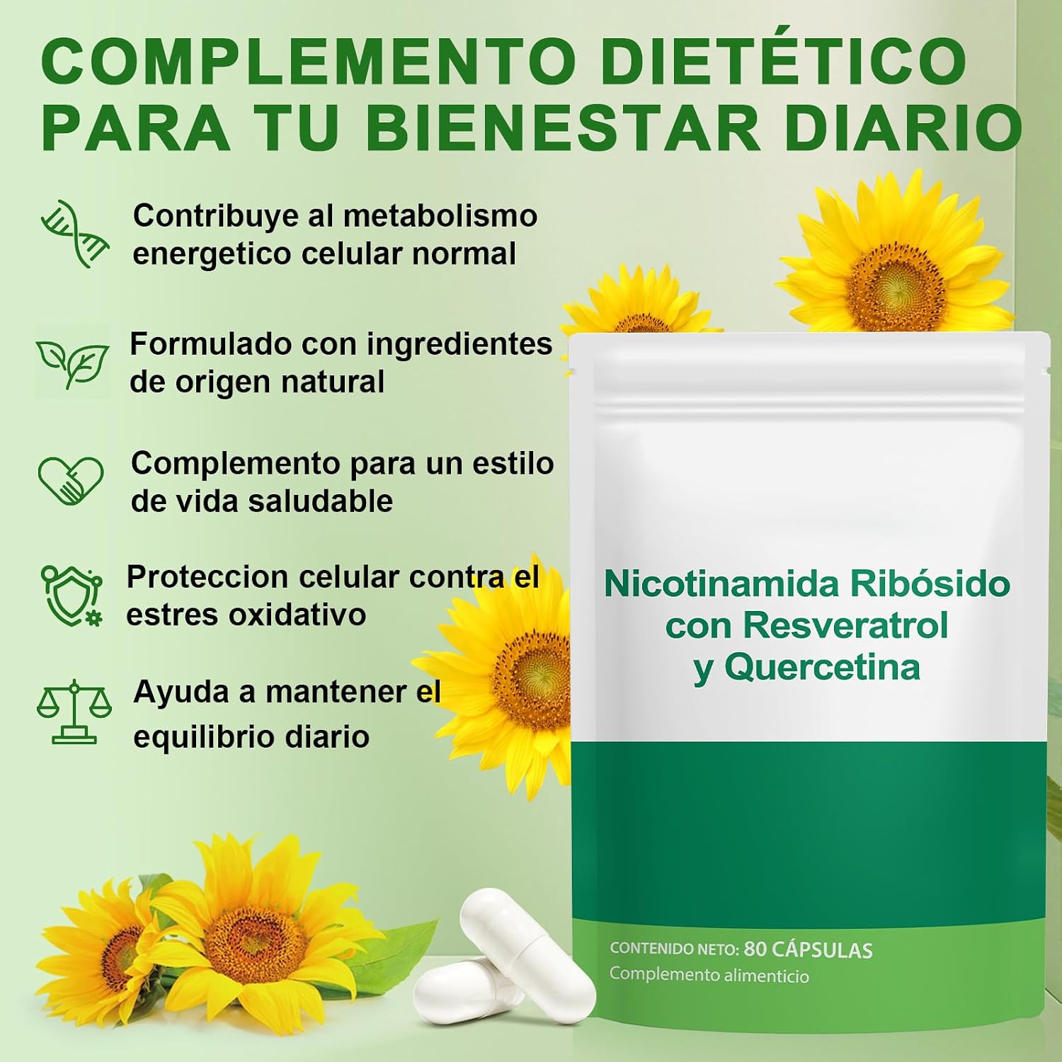 Detalle 2 de Nicotinamida Ribósido con Resveratrol y Quercetina 80 Cápsulas