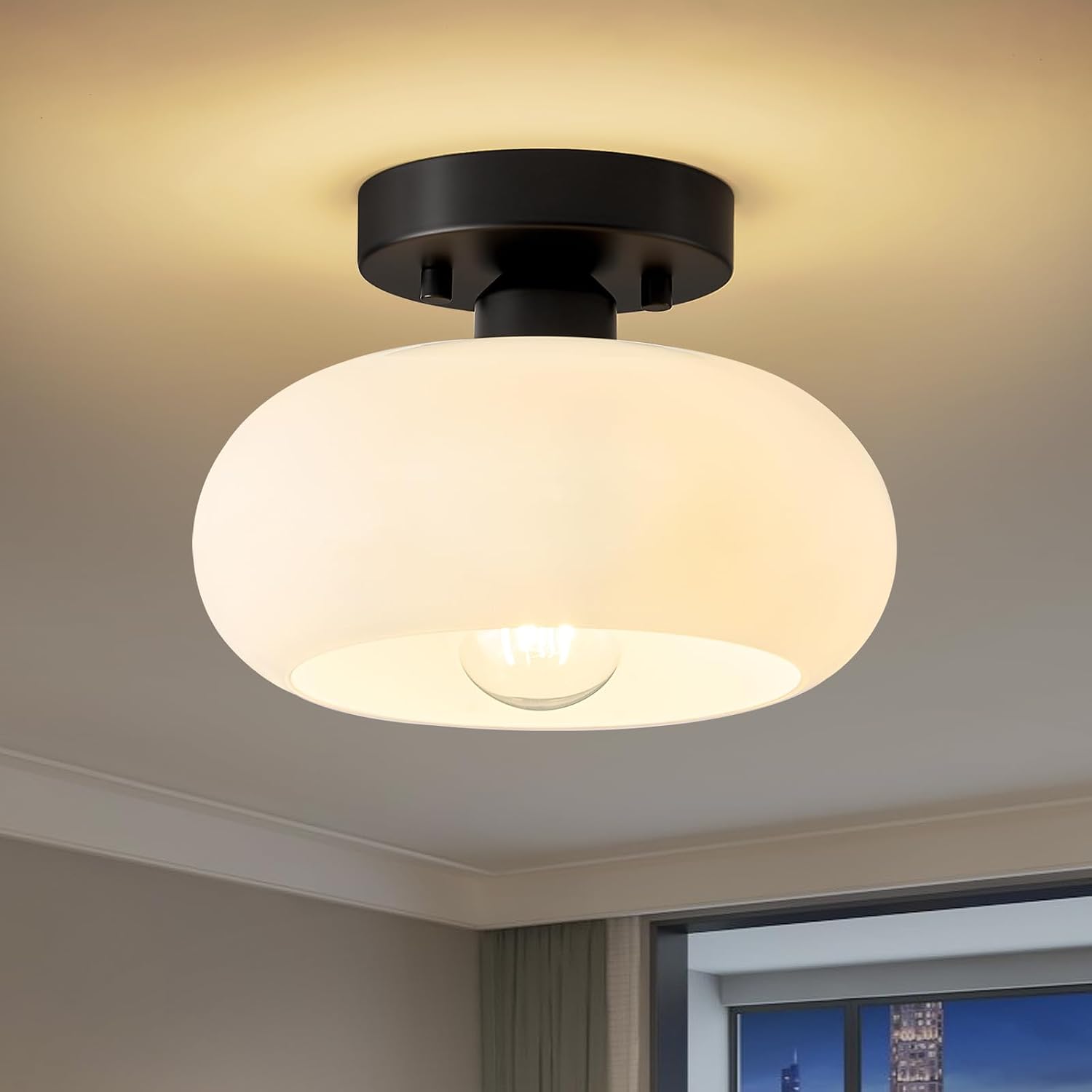 Detalle de WOKNOS 6904-BK22 Mid-Century Modern Semi-Flush Ceiling Light, Black Metal