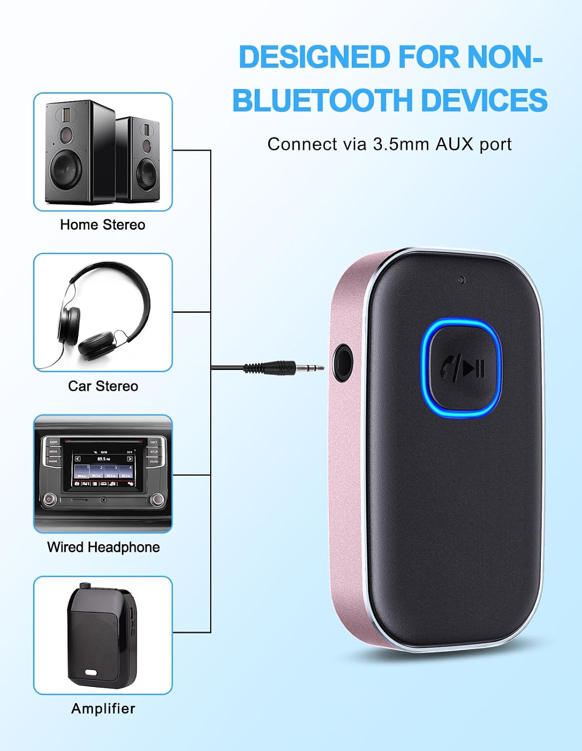 Detalle de COMSOON Bluetooth AUX Adapter (3.5mm) with CVC8.0 Noise Reduction, 16H Battery Life, Dual Connection (Black+Pink)