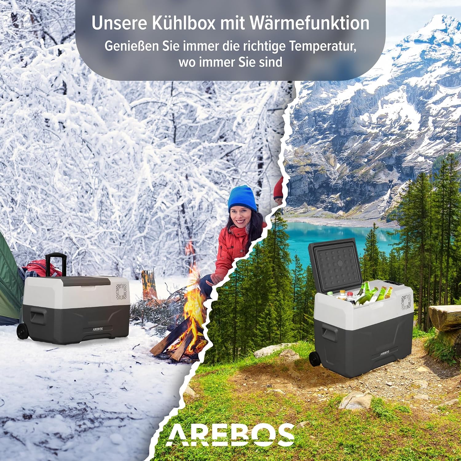 Detalle de Arebos Kompressor-Kühlbox mit Rollen, 39 Liter – App & Smart-Steuerung, bis -20 °C (12/24 V & 230 V)