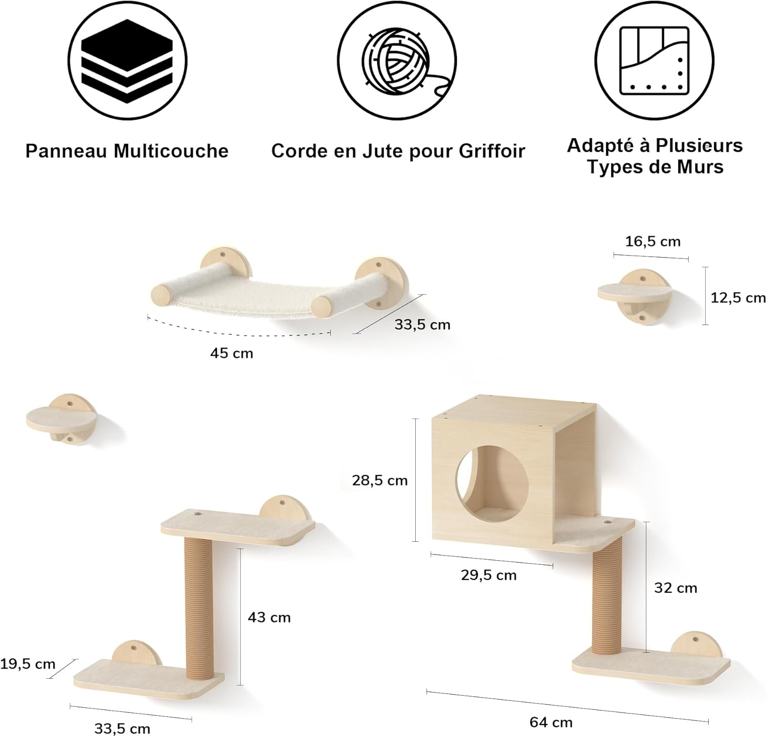 Thumbnail 5 de FUKUMARU Étagères murales pour chat (set de 5) beige : parcours mural avec hamac et zones à griffer