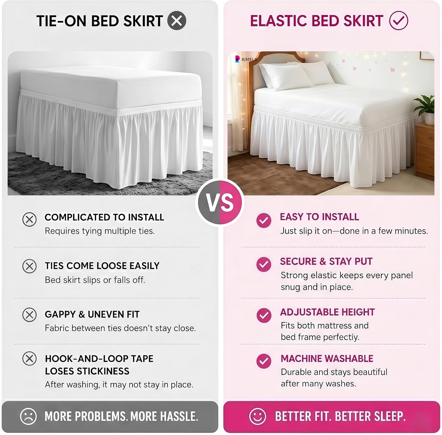 Thumbnail 5 de RIMELA Twin XL 36-Inch Drop Dorm Bed Skirt with Elastic, White Silky Fabric