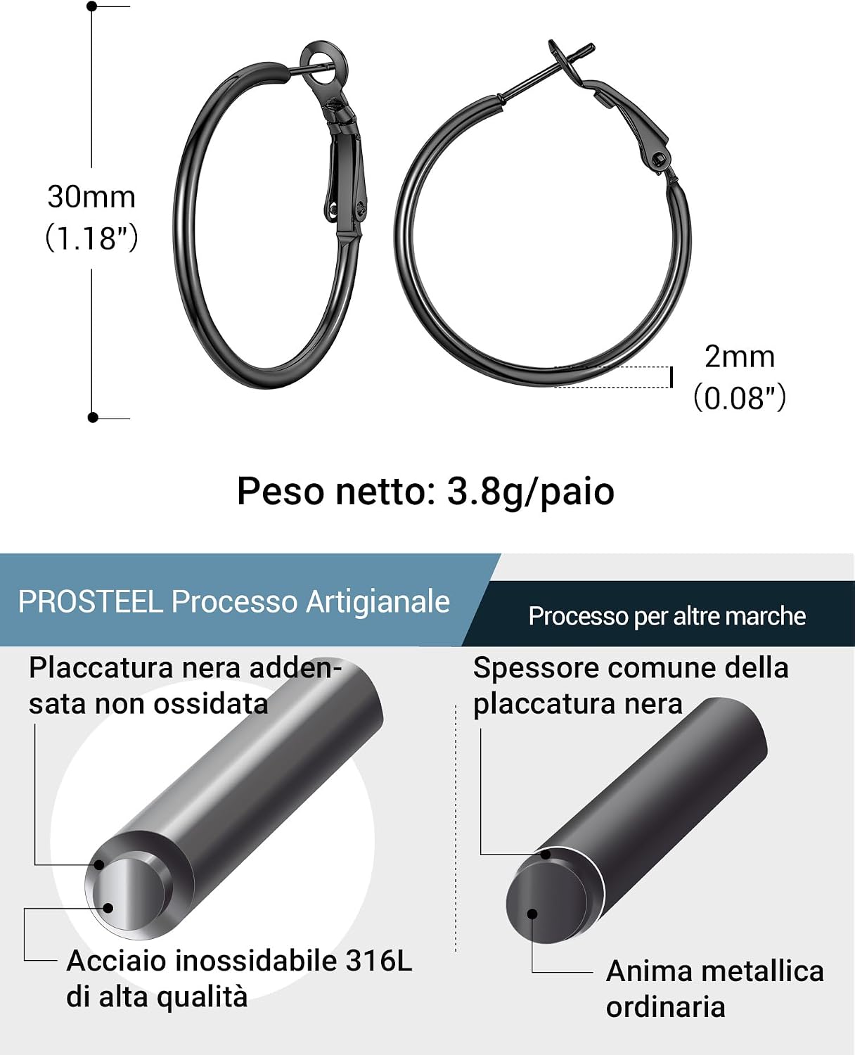 Thumbnail 6 de Set PROSTEEL di orecchini donna in acciaio 316L: 3 paia con cerchi grandi 30/50/70 mm, argento/nero/oro