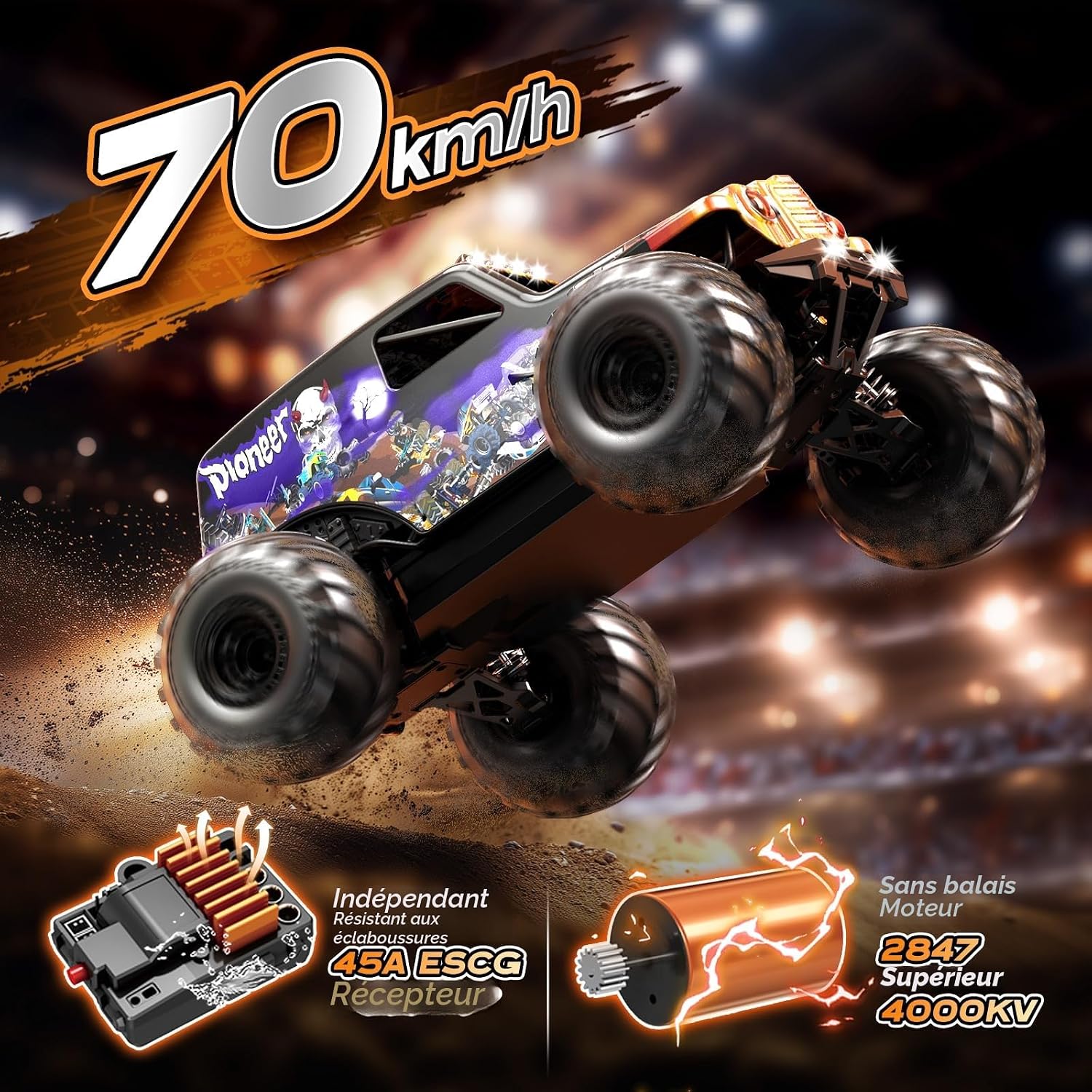 Detalle de Womaqu Voiture Télécommandée 1:14 Tout-Terrain Brushless 70 km/h – 4x4, 2 batteries 3S LiPo et Émetteur 2,4 GHz