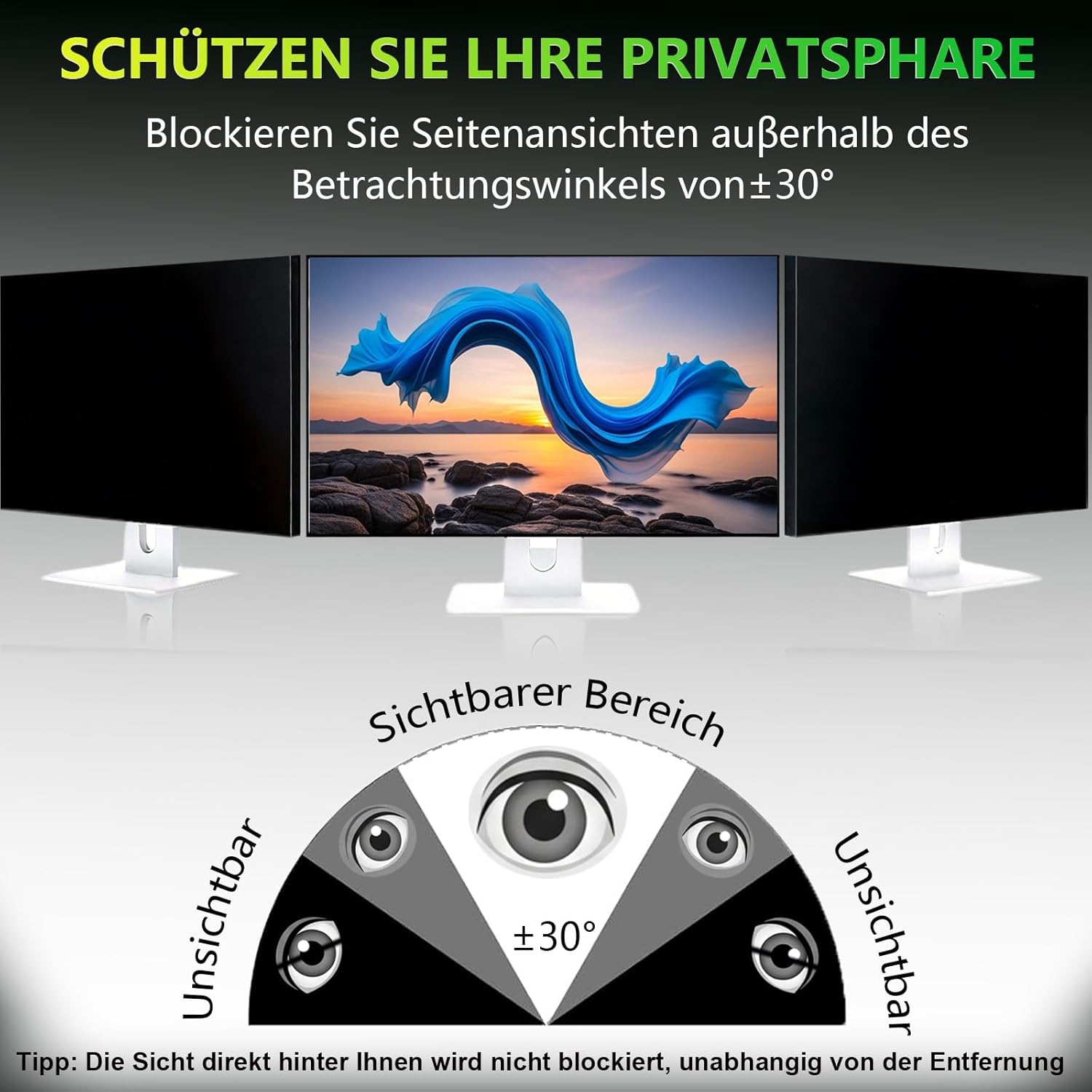 Detalle de ruord Sichtschutzfolie für 24 Zoll 16:9 Monitor – Blaulichtfilter, Blendschutz und abnehmbarer Blickschutz (53,1 × 29,9 cm)