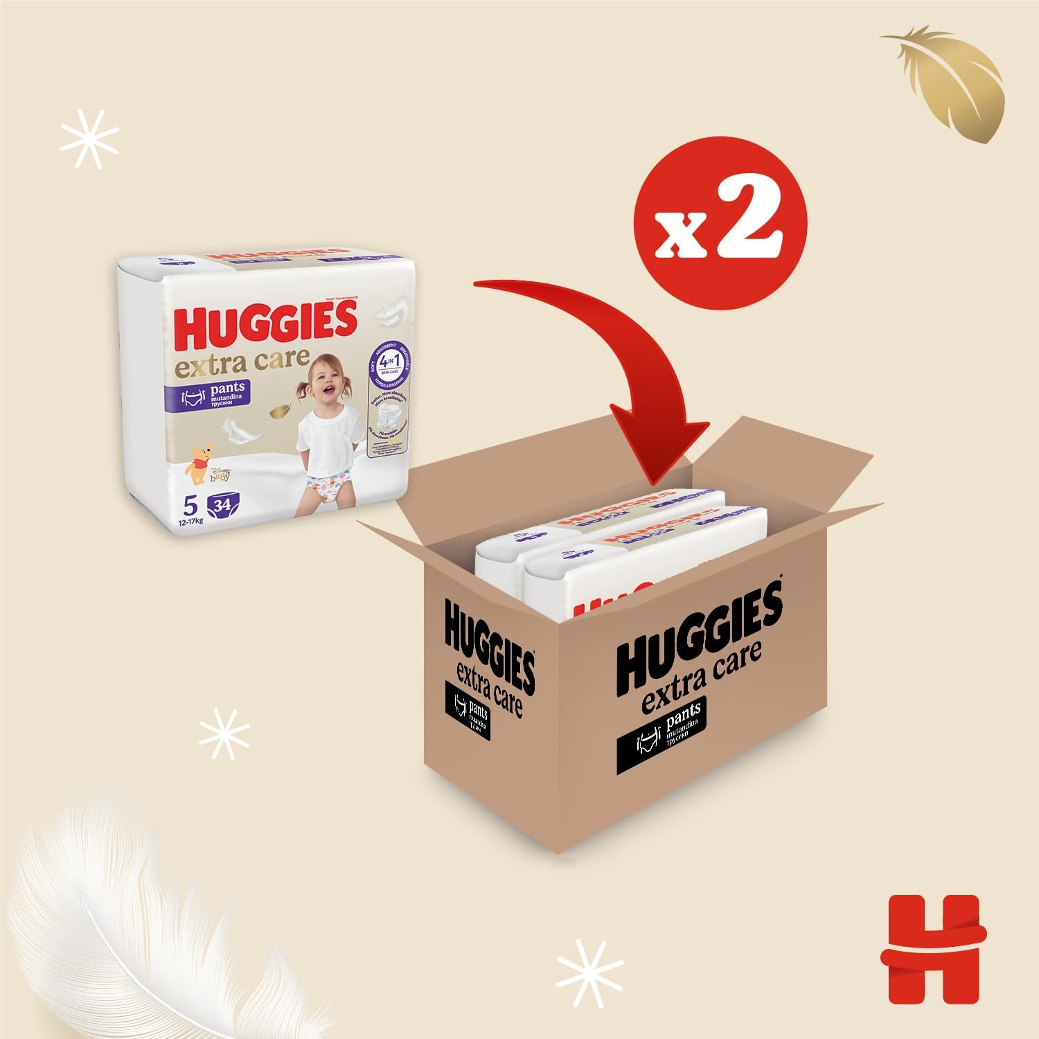 Detalle de Huggies Extra Care Mutandine Taglia 5 (12-17 kg) – 68 Pannolini, Ultra assorbenti e traspiranti