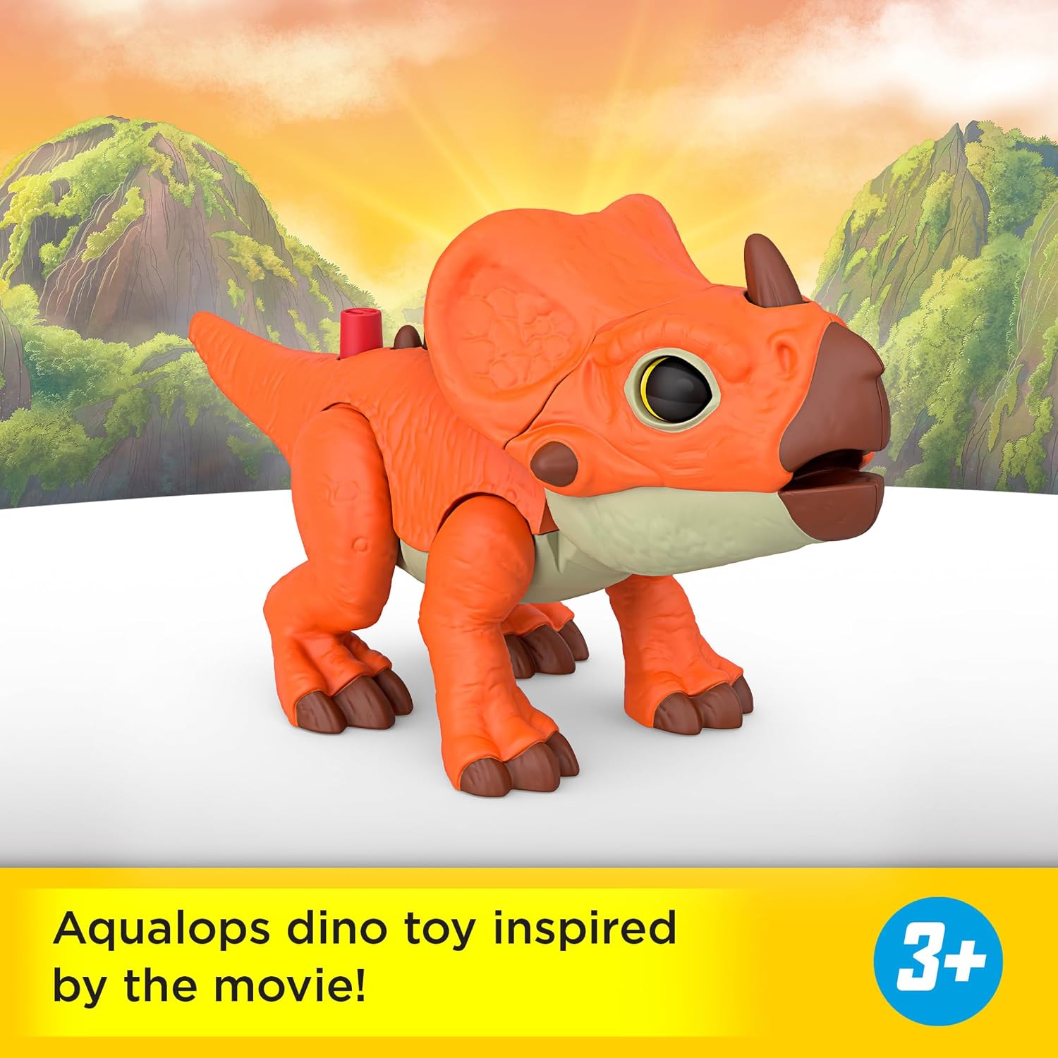 Detalle 2 de Fisher-Price Imaginext Jurassic World Rebirth Aquilops dinosaur action figure (JGP99) with kid-activated motion
