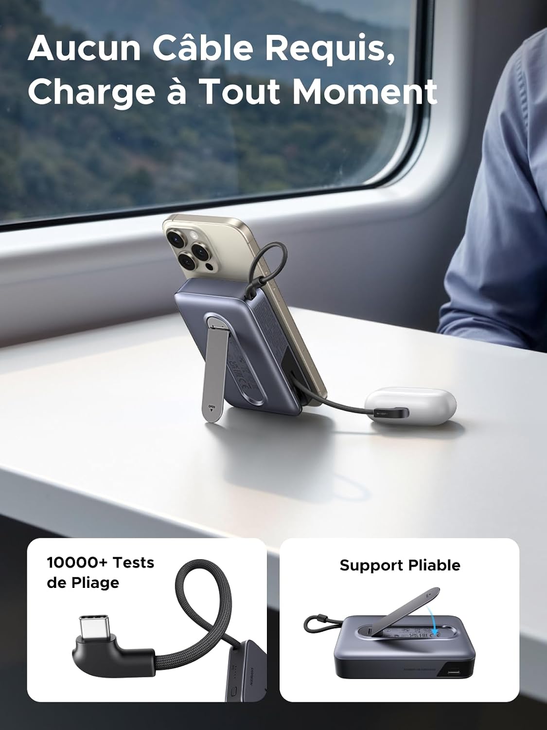 Thumbnail 4 de UGREEN Nexode Qi2 15W Batterie Externe 10000mAh avec câble intégré et support pliable – Charge rapide et MagSafe