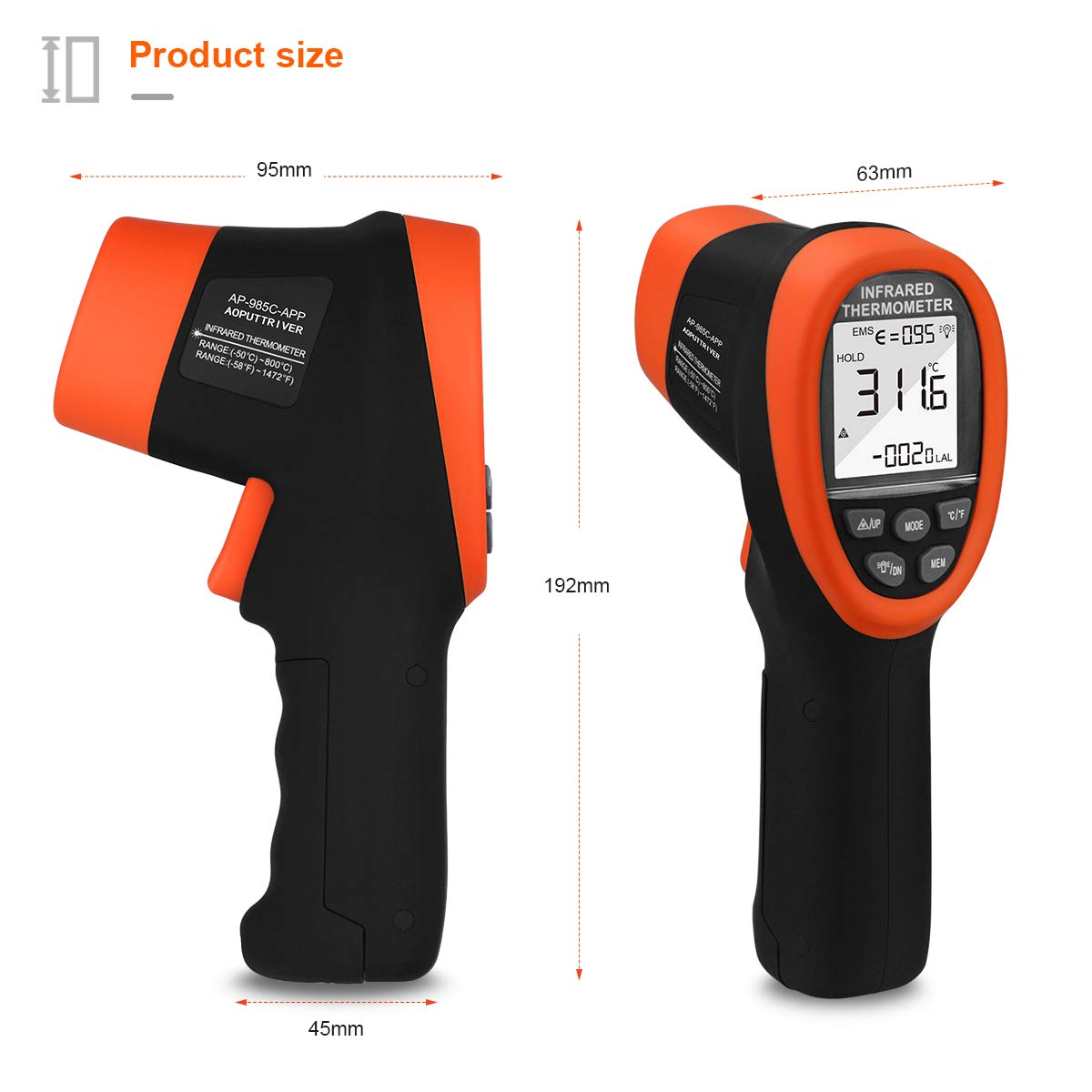 Thumbnail 2 de AOPUTTRIVER AP-985C-APP non-contact infrared thermometer (IR) for -50°C to 800°C measurements