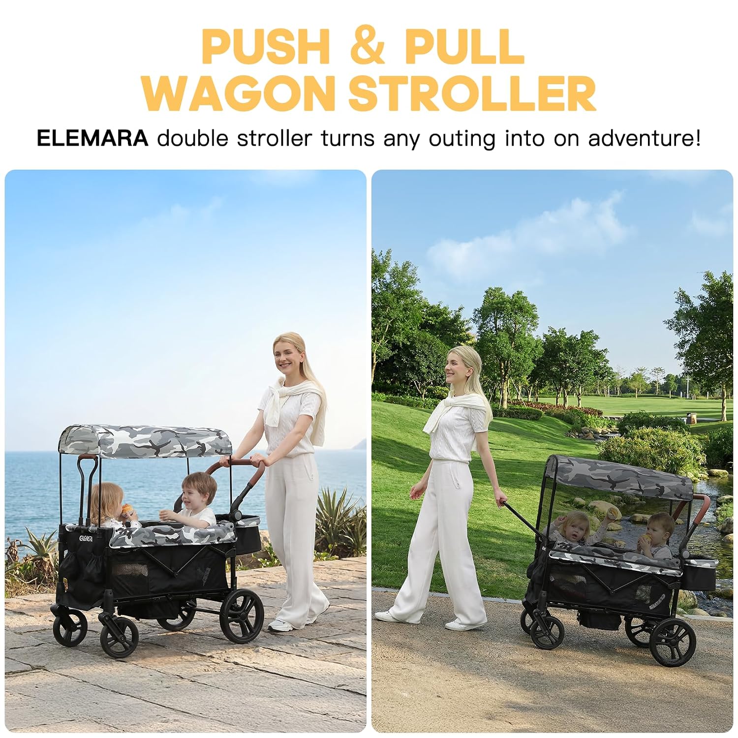 Thumbnail 1 de ELEMARA All-Terrain Stroller Wagon for 2 Kids (Foldable, Push/Pull Handle, Canopy & Mosquito Net) — Black+White