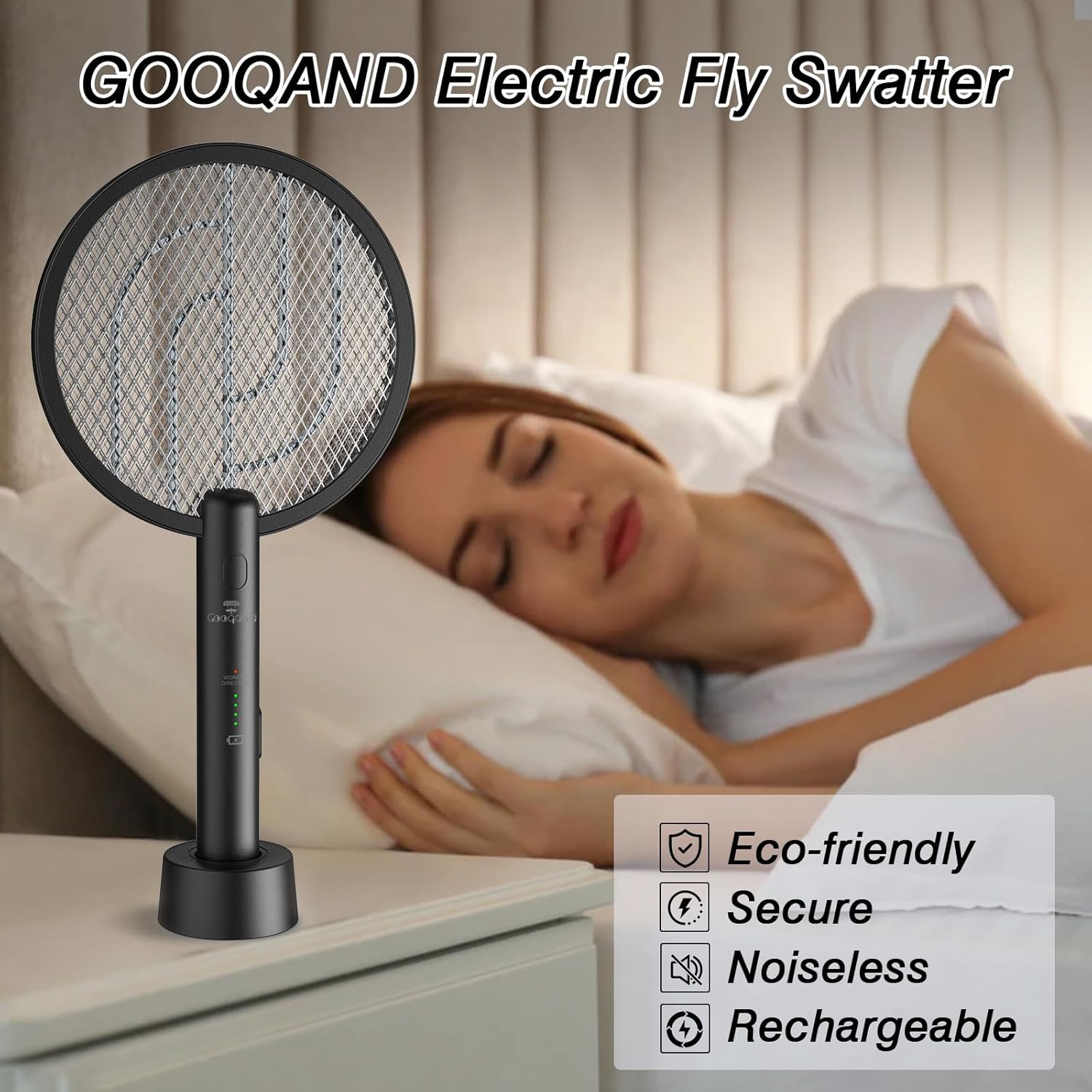 Detalle de GooQand Electric Fly Swatter Rechargeable (4000V) USB 2-in-1 Bug Zapper Racket, 2 Pack