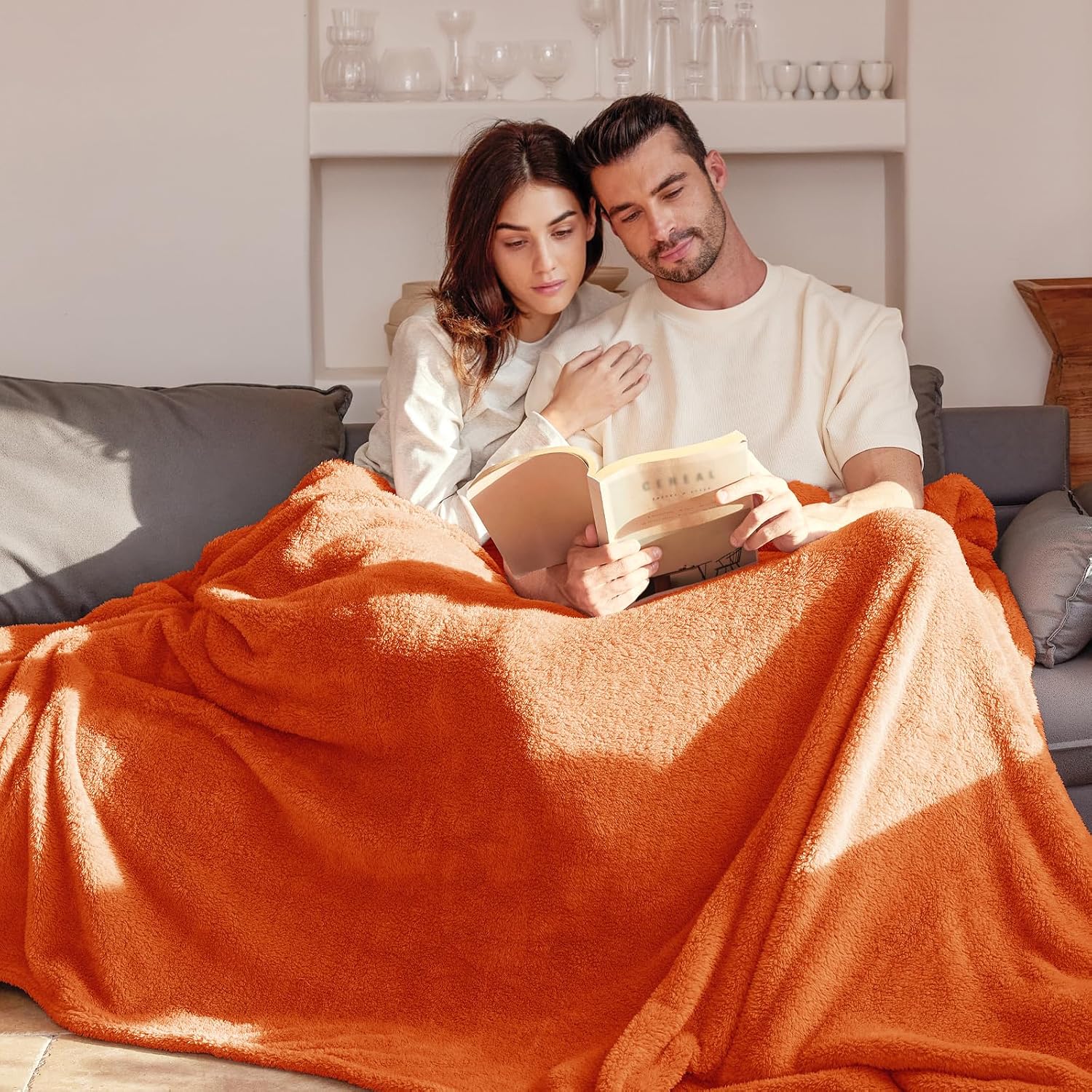 Thumbnail 3 de Exclusivo Mezcla Plaid polaire velours 230x270 cm Orange – couverture douce et moelleuse pour canapé ou lit