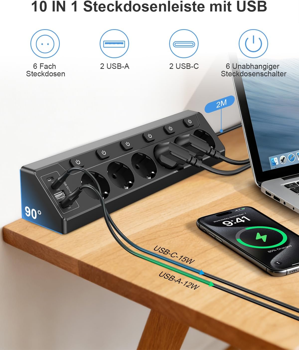 Detalle 2 de Vipwell Ecksteckdosenleiste 3680W mit 4 USB und 6 FĂ€chern đ