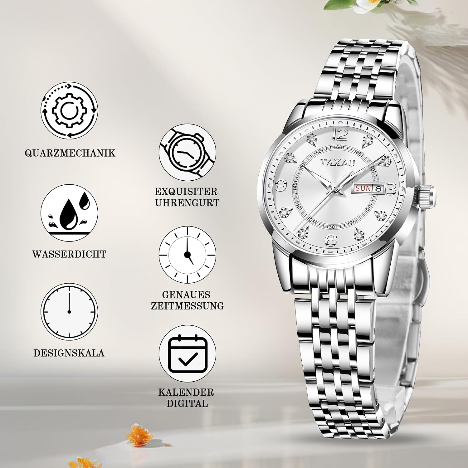 Detalle de Taxau Damenuhr Armbanduhren Silber – klassische Quarz-Uhr mit Edelstahlband, Kalender und 3ATM Spritzwasserschutz