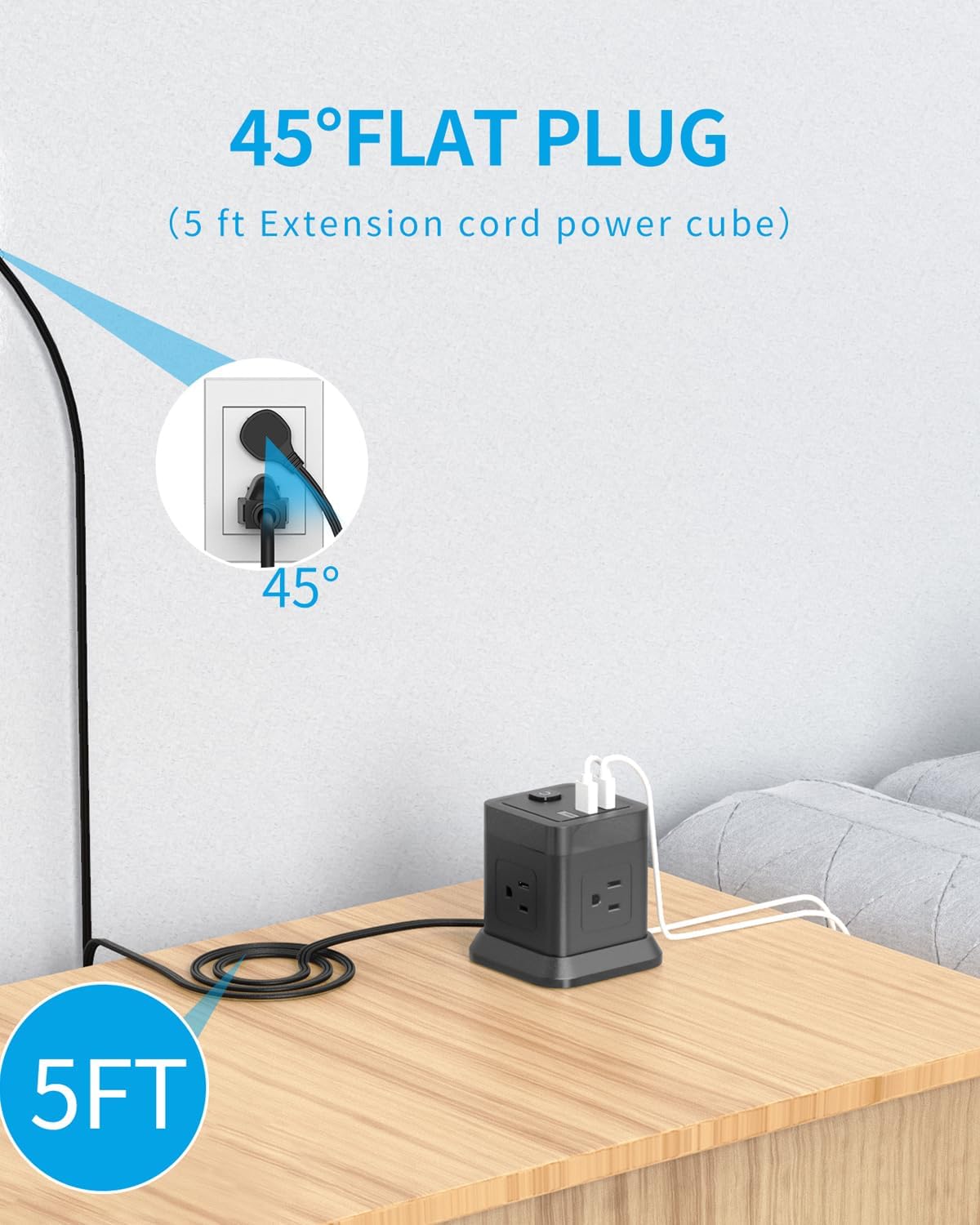 Detalle de FDTEK Flat Plug Power Strip with USB (4 AC + 3 USB), 5 ft Cube Extension Cord, Overload Protection, Black