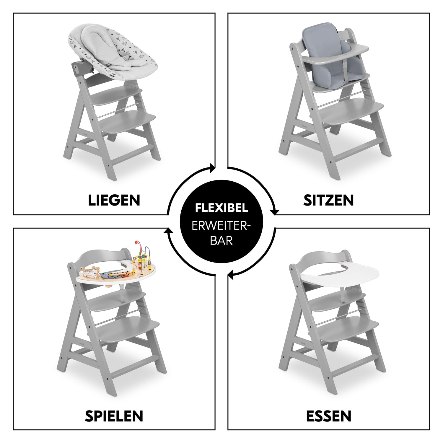 Detalle de hauck Alpha+ Grey – Mitwachsender Holzhochstuhl aus Buche, bis 90 kg, inkl. 5-Punkt-Gurt und Zubehör